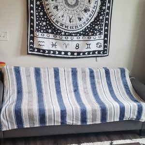 Plush Throw Stripes Blue Gray White